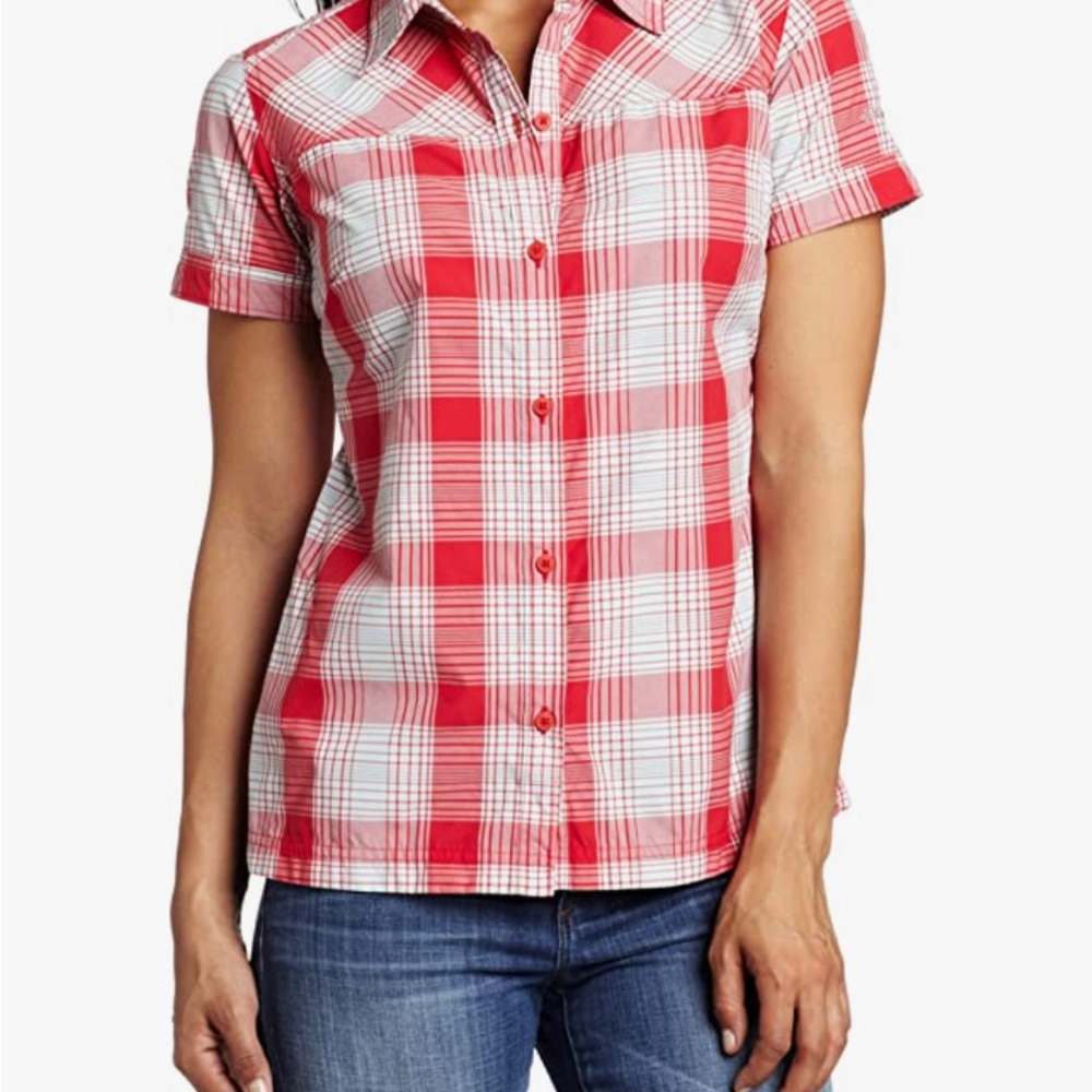 Columbia Short Sleeve Side Zip Pocket Plaid Button Down Athleisure   Shirt Sz S